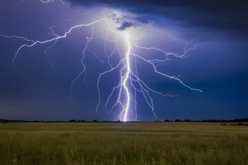 Lightning bolt strikes through sky over open field, dramatic energy