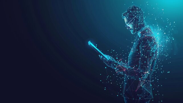 Abstract digital businessman with tablet uses chatbot app. Concept of Artificial Intelligence and technology innovation in the modern business world. Futuristic low poly wireframe