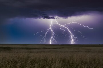 Lightning strike on prairie horizon during electrifying storm scene