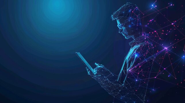 Abstract digital businessman with tablet uses chatbot app. Concept of Artificial Intelligence and technology innovation in the modern business world. Futuristic low poly wireframe