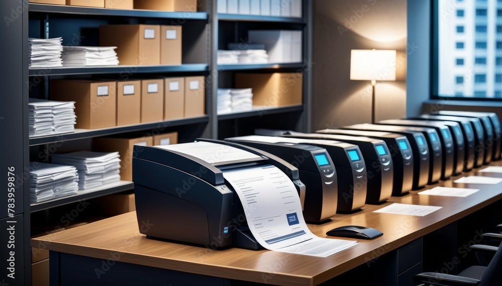 Poster a lineup of high-capacity office printers ready for bulk document printing, reflecting productivity 