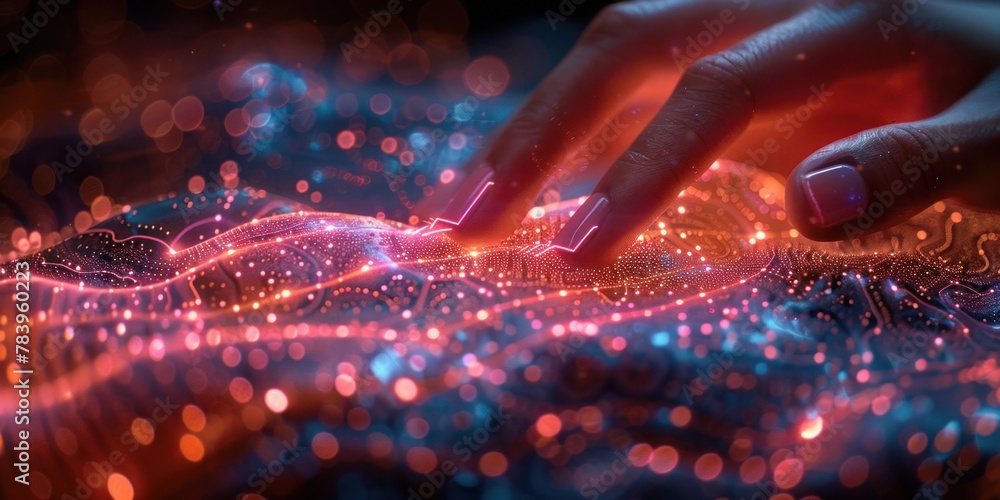 Poster a hand reaches out to touch keys on a modern computer keyboard, with a bright screen in the backgrou