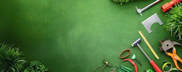 Landscape architect tools web banner. Tools for landscape architects on green background with copy space. - obrazy, fototapety, plakaty