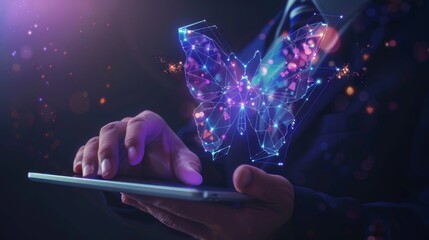 Abstract digital butterfly flying out from tablet computer. The businessman holds the device and taps on screen. Technology evolution and innovation concept. Futuristic low poly wireframe illustration