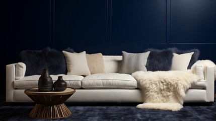 Plush throw blankets in deep navy draped over the back of the white sofa, adding warmth and texture to the inviting seating area against the navy blue wall background.