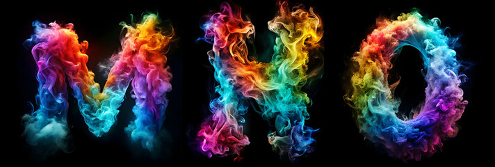 Fototapeta na wymiar Letters M, N, O. Vibrant Smoke Alphabet on a Black Background - A realistic display of colorful smoke forming the alphabet, a captivating blend of artistry and creativity