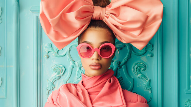 
Stylish woman with bold fashion sense, sporting large circular pink sunglasses and an updo adorned with a matching pink bow.