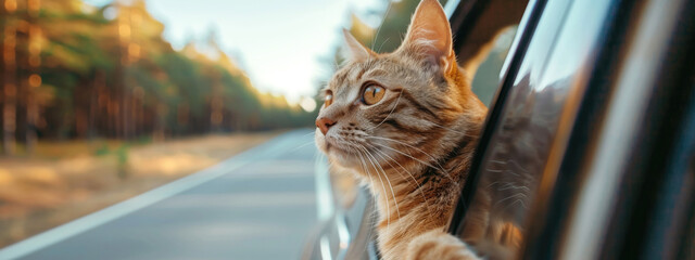 the cat travels in the car - obrazy, fototapety, plakaty