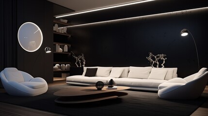 Recessed lighting casting a soft glow over the modern furnishings, accentuating the sleek silhouette of the white sofa against the 3D jet black color wall.