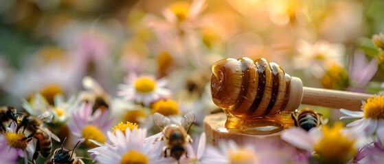 Honey Dipper Amidst Blossoms: A Tribute to Beekeeping. Concept Beekeeping, Honey Production, Pollinator Conservation, Blossom Photography, Nature's Beauty - obrazy, fototapety, plakaty