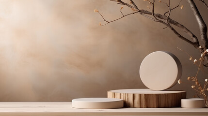 Product podium stand sandstone display with blossom branch. Beige background for product presentation.