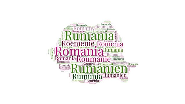 Romania shape words animation. Romania boundary filled with country names animated. Country opening, intro, presentation video.