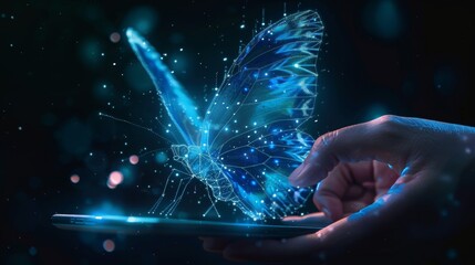 Abstract digital butterfly flying out from tablet computer. The businessman holds the device and taps on screen. Technology evolution and innovation concept. Futuristic low poly wireframe illustration - obrazy, fototapety, plakaty