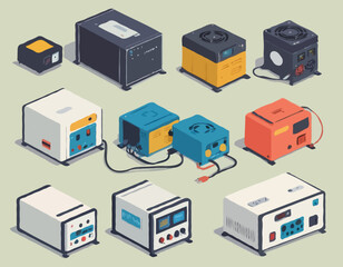 Generator electric power supply portable collection set isometric illustration 