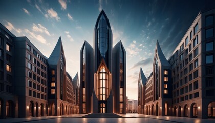 A breathtaking example of modern gothic architecture with pointed arches and a central glass facade, captured during twilight. AI Generation - obrazy, fototapety, plakaty