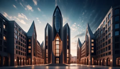Fotobehang A breathtaking example of modern gothic architecture with pointed arches and a central glass facade, captured during twilight. AI Generation © Anastasiia
