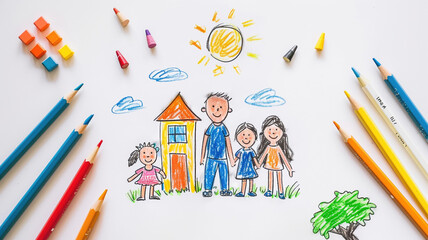 children's drawing with colored pencils on white