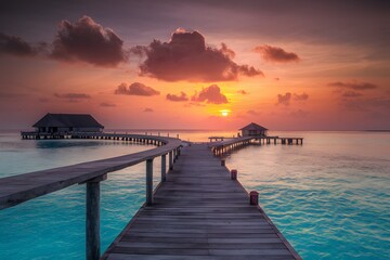 Obraz premium Panorama of Maldives beach at sunset, tranquil vacation concept