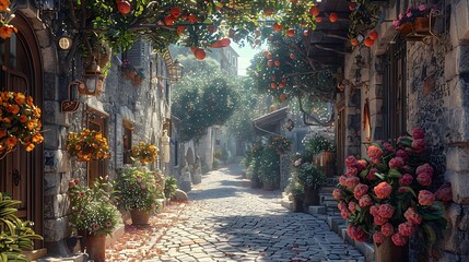 Embark on a journey through a labyrinthine alleyway in an ancient, sun-kissed village, where weathered stone walls bear witness to centuries of history.
