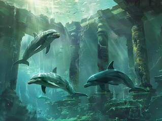 A pod of dolphins swims through the ruins of a sunken temple, remnants of a lost civilization, in this evocative digital art piece. A journey into the depths of history and the mysteries of the sea. - obrazy, fototapety, plakaty