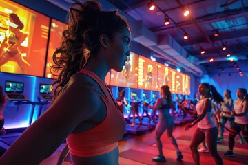 Vibrant scene at a tech - forward fitness studio, where participants are using smart resistance bands and wearable fitness trackers during a group workout class