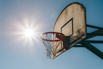 Naklejka premium Photo Sunlit basketball hoop signifies intense sport game