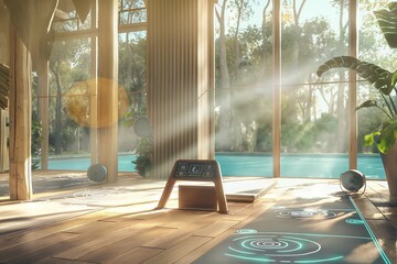 Futuristic image of a smart yoga mat in an airy, sunlit room