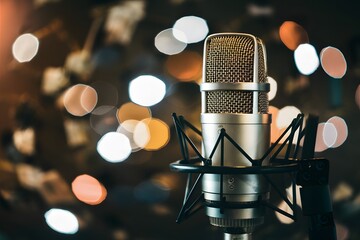 Professional microphone against bokeh background, capturing audio ambiance - obrazy, fototapety, plakaty