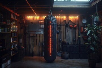 an interactive smart punching bag in a home garage turned gym. The bag displays target