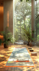 A yoga studio with a large window and a wooden floor, vertical photo