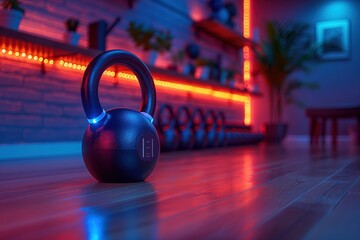 Smart kettlebell set in a vibrant, energetic home gym