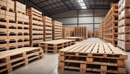 Spacious warehouse filled with neatly stacked wooden pallets ready for logistics operations.. AI Generation