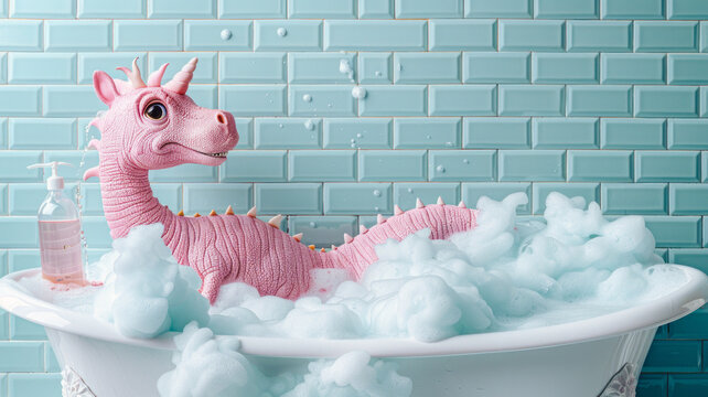 A pink unicorn dinosaur lavishly enjoying a bubble bath in a claw-foot tub, surrounded by tranquil turquoise tiles, mixing fantasy with playful humor.