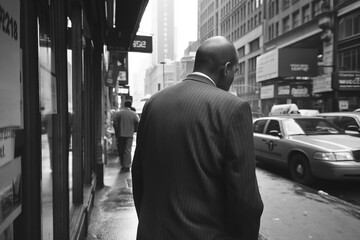 A grayscale image captures the back view of bald man in  pinstripe suit walking down a rainy city street, surrounded by buildings and traffic. The scene evokes a sense of urban anonymity and solitude.