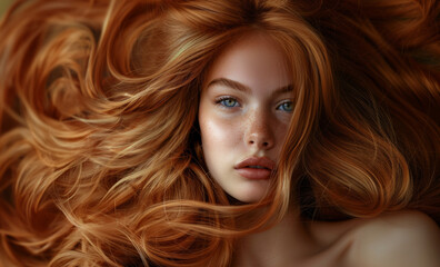 Obraz premium A serene redhead woman with gorgeous hair, lost in a sea of flowing auburn locks.