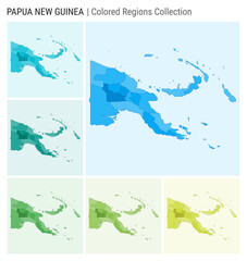 Papua New Guinea map collection. Country shape with colored regions. Light Blue, Cyan, Teal, Green, Light Green, Lime color palettes. Border of Papua New Guinea with provinces for your infographic.