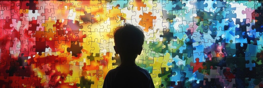 horizontal banner, Autistic Pride Day, World Autism Awareness, silhouette of a little boy on the background of a multi-colored puzzle wall, back view, rainbow background of puzzle details - Powered by Adobe