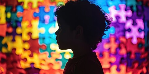 Autistic Pride Day, World Autism Awareness, portrait of a curly-haired little boy on the background of a multi-colored puzzle wall, side view, rainbow background of puzzle details