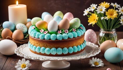 Obraz na płótnie Canvas A freshly baked Easter cake topped with pastel icing and decorative eggs, accompanied by daisies and a candle.. AI Generation