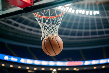 StockPhoto Basketball going through basket at sports arena, successful play
