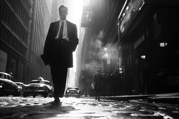 Silhouetted businessman walking on busy city street in vintage noir style. Atmospheric urban scene with steam rising from ground. Retro black and white image evoking nostalgia and mystery spying agent