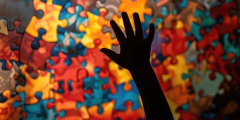 Autistic Pride Day, World Autism Awareness, hands up, silhouettes of a child's right hand on the background of a multi-colored puzzle wall, rainbow background of puzzle parts