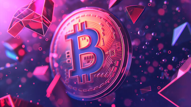 This vibrant image features a 3D Bitcoin symbol amidst abstract geometric shapes, conveying a futuristic feel of cryptocurrency