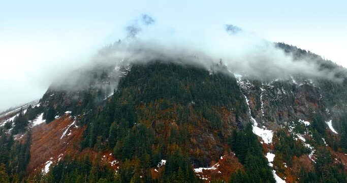 High mountain with misty cap around the top. Drone rising along the huge rock with pine trees growing on. Mount Rainer national park, Washington, USA.