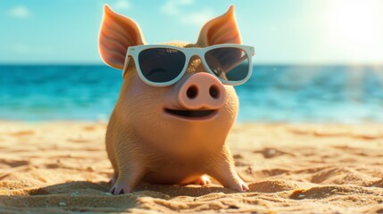 Fototapeta na wymiar A Pig Enjoying Beach Vacation