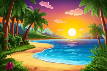 Tranquil coastline sunset scene in tropical summer landscape - obrazy, fototapety, plakaty