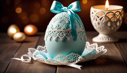 A sophisticated Easter egg with delicate lace patterns and a satin bow, presented on a lace doily, exuding elegance and tradition. AI Generation. AI Generation - obrazy, fototapety, plakaty