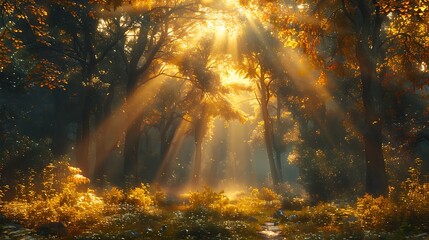 Obraz na płótnie Canvas Explore the mystique of an ancient forest bathed in the golden hues of dawn, where sunlight filters through lush foliage, illuminating a serene clearing. 