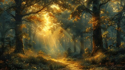 Explore the mystique of an ancient forest bathed in the golden hues of dawn, where sunlight filters through lush foliage - obrazy, fototapety, plakaty