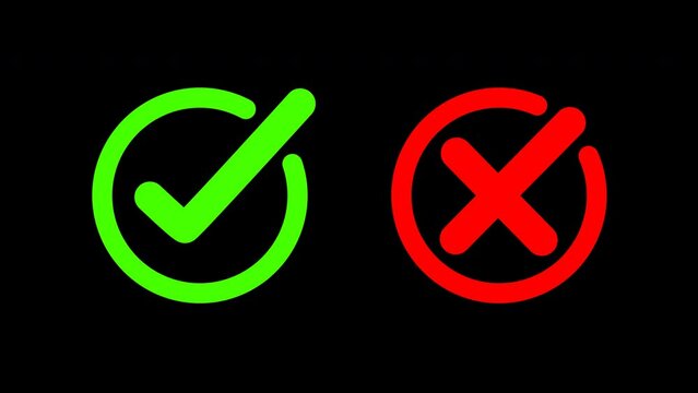 Animated check boxes kit, green yes and red no vote symbols on black background